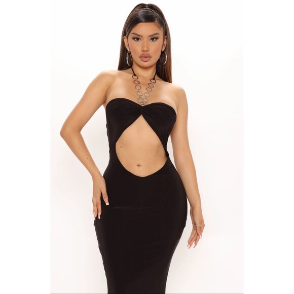 Fashion Nova ✦ Ocean View Maxi Dress ✦ Black Strapless Cut-Out Bodycon Sz L NWT - Picture 5 of 8